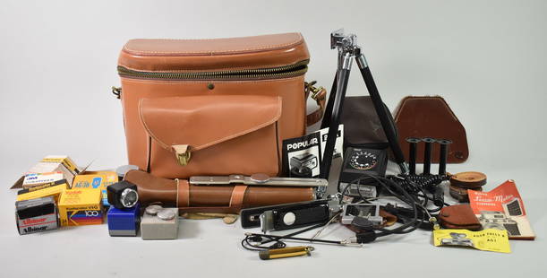 Vintage Leather Camera Bag and Accessories: Vintage leather camera bag 10 1/2" x 9 1/4" x 6", old film, flash bulbs, brush, tripod and bag, light meter/flash, leather straps, leather cases