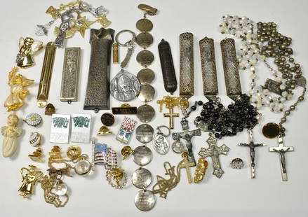 Religious Group: Mezuzah cases, silver plate - made in Israel, Rosaries, cross necklaces, mustard seed necklace and brooch, Jewish Federation Soviet Union Pins - 4 Mockba, Israel Federation, James Madison, 1998 Vintag