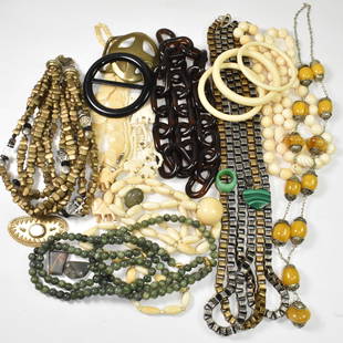 Chunky Brutalist Jewelry: Bike chain look necklace, triple stand 33", ivory colored necklaces and bracelets, 2 jade necklaces, loose stones, yellow lantern necklaces, wooden elephant earrings, 10 necklace 18"-42", 3 bracelets,