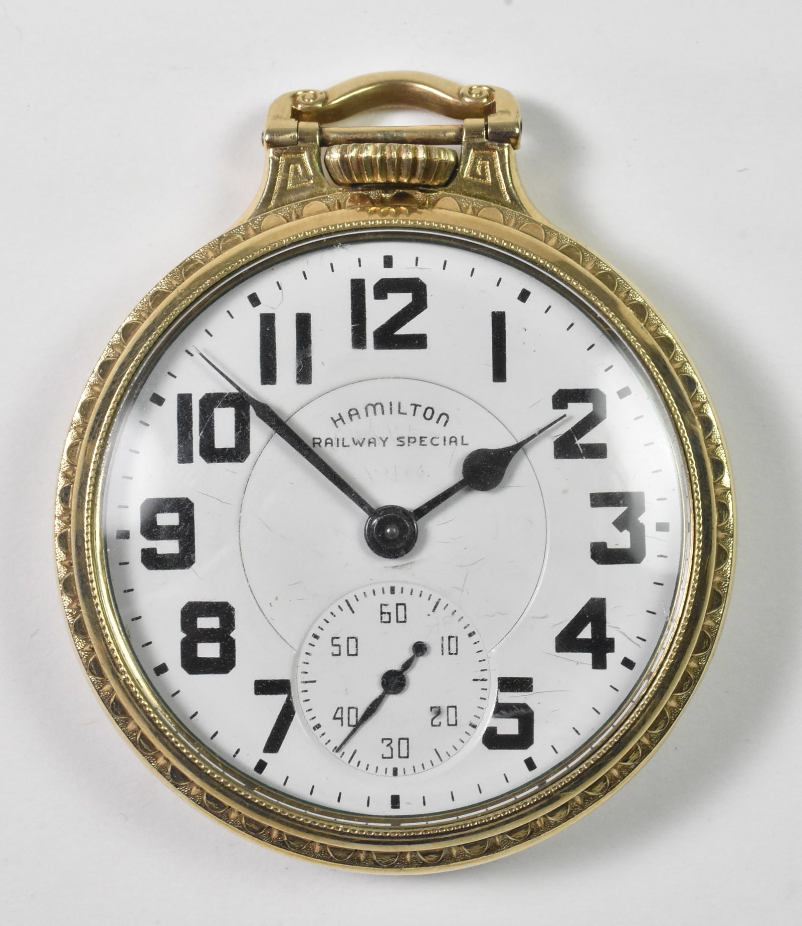 Hamilton Railway Special Pocket Watch, 992B, 21J: Hamilton railway special 992B pocket watch SN# C226849. 21 jewel 16 size. 6 positions. Wadsworth 10 GF case. Porcelain dial, no hairlines. Good running order. Not serviced. 99 grams.