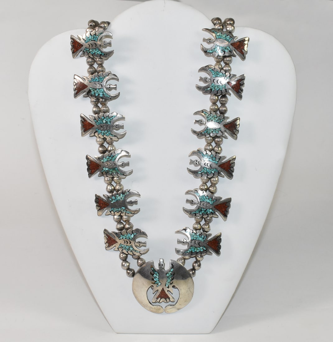 Thunderbird Native American Necklace, Sterling Turquoise and Coral (1 of 6)