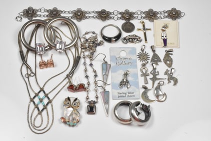 Sterling Jewelry Group with Necklaces, Bracelet, Earrings and Charms