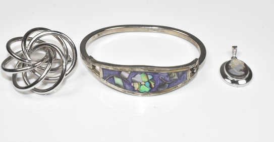 Sterling Jewelry Group with Bracelet, Pin or Brooch, and Cameo Pendant