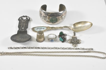 Sterling Group with Bracelet, Necklace, Rings, Spoons and Thimble