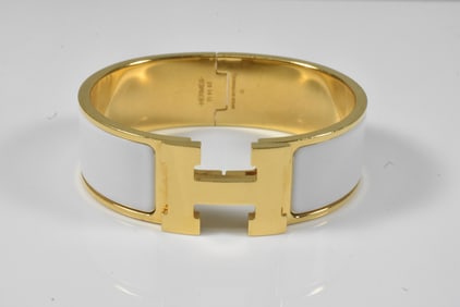 Hermes Gold Tone and White Enamel Bangle Bracelet