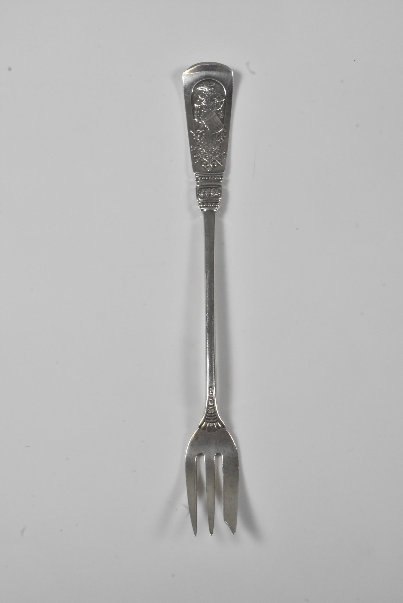 Gorham Sterling Oyster Fork: Gorham sterling oyster fork. Monogrammed, Gorham hallmark. Also marked Mermod Jaccard Co. 5 5/8". 17.2g.