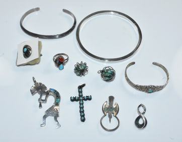 Sterling and Turquoise Jewelry Group with Bracelets, Pendants and Rings