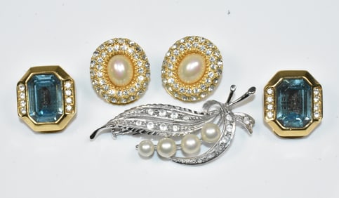 Christian Dior Clip Earrings and Alice Caviness Sterling Pin Brooch