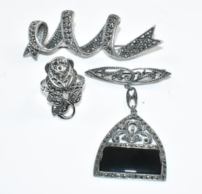 Sterling and Marcasite Jewelry Group with Pins and a Ring