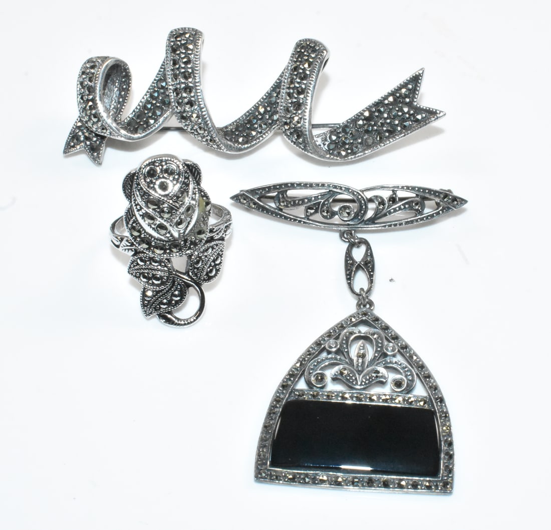 Sterling and Marcasite Jewelry Group with Pins and a Ring (1 of 5)