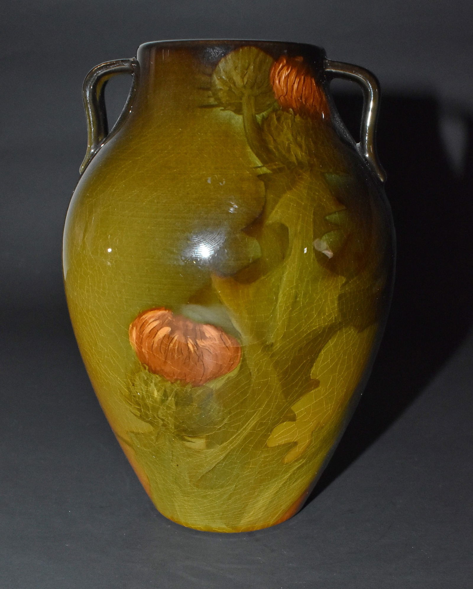 Rookwood Standard Glaze Dandelion Vase Howard Altman: Rookwood standard glaze dandelion decorated vase. Signed HA for Howard Altman, numbered 604E. Overall crazing. 6" tall.