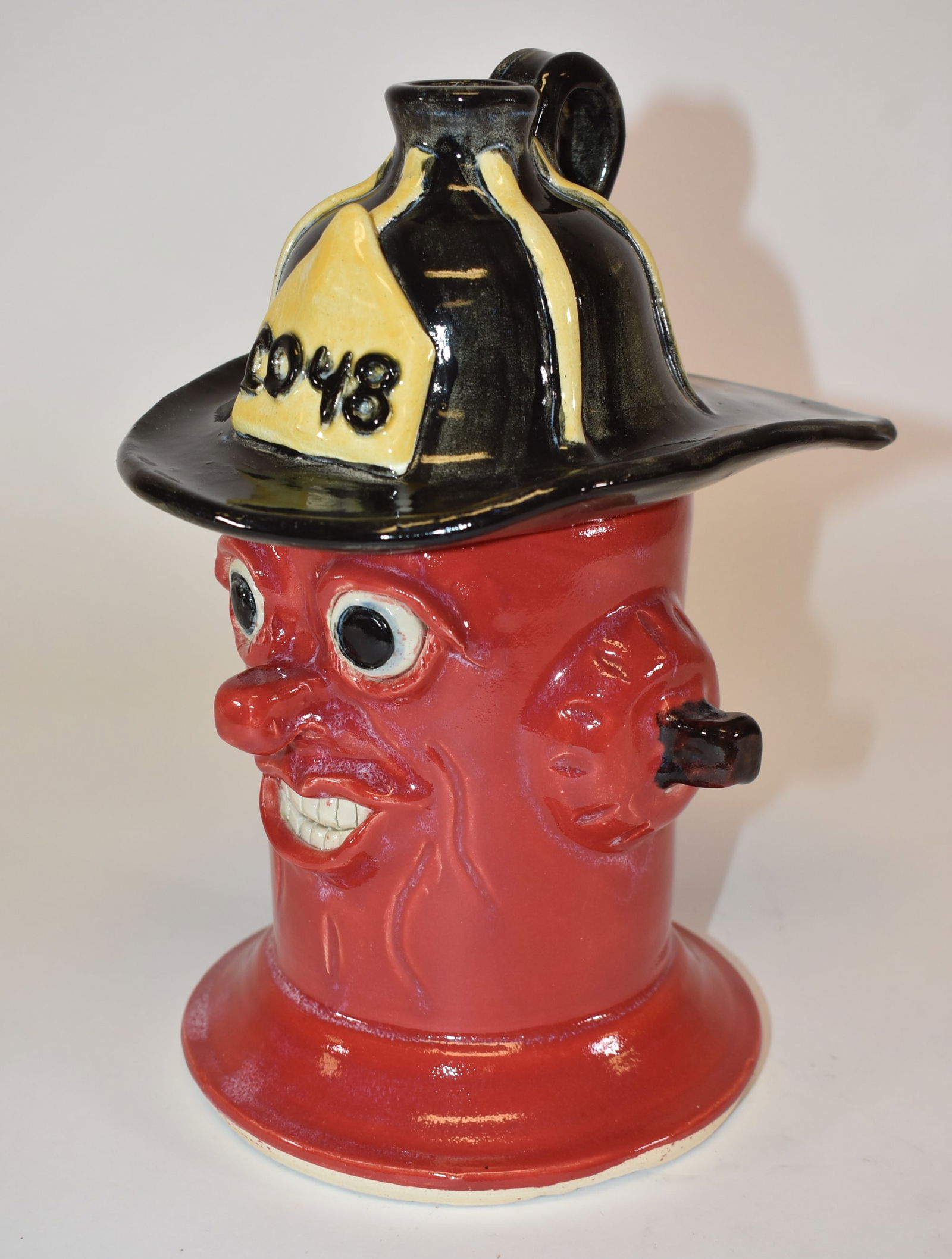 Steve Turpin Fireman Jug 2011: South Carolina Pottery Fireman jug by folk potter Steve Turpin. Signed and dated 4-11-2011. 10 1/2" tall. Some minor crazing.