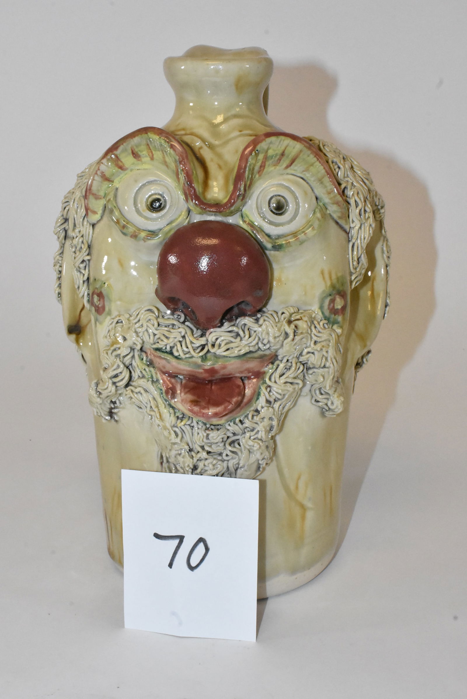 Steve Turpin Clown Face Jug 2004: Folk art clown face jug by folk pottery artist Steve Turpin, signed and dated 1-20-2004. 10" tall. Excellent condition.