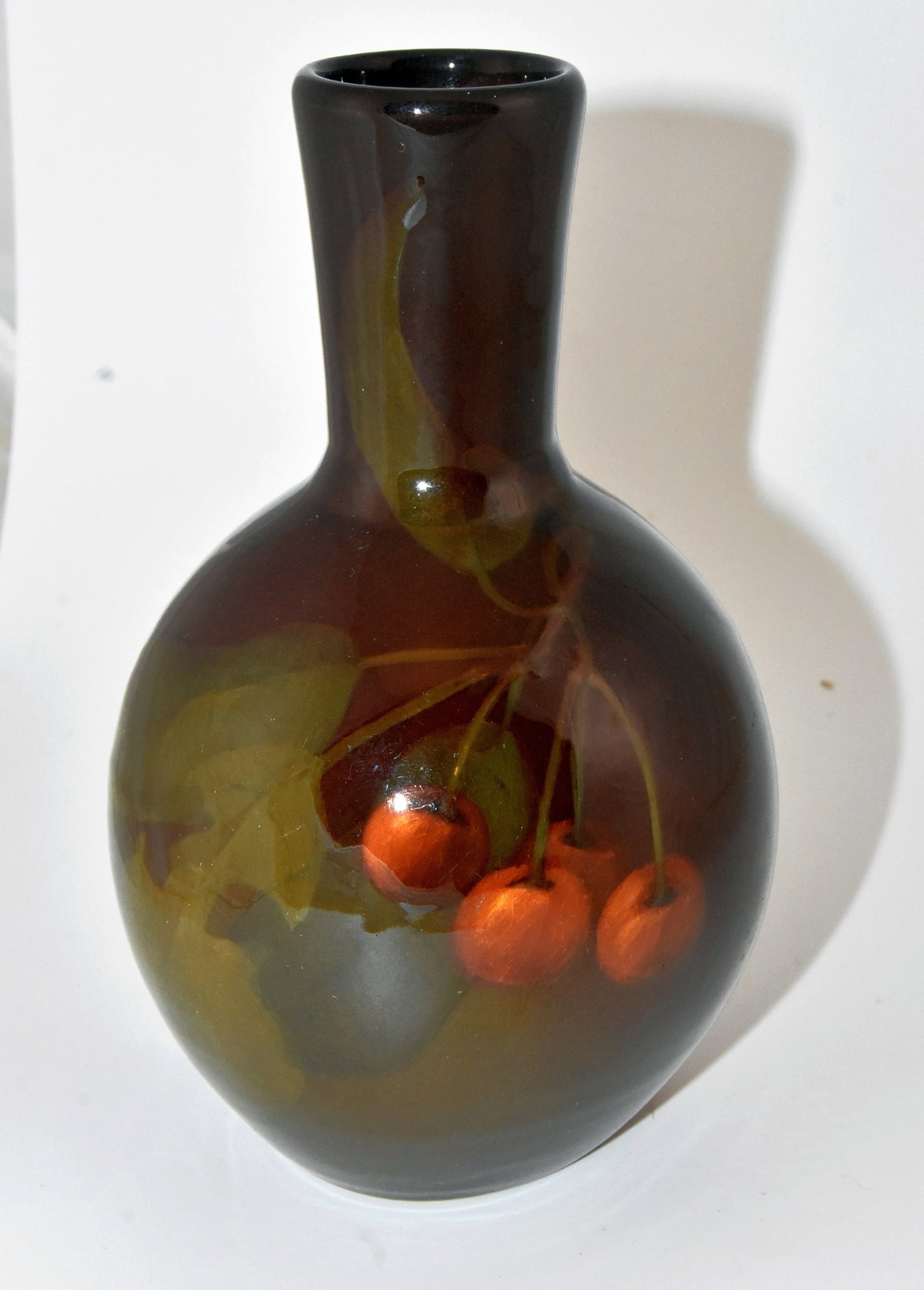 Rookwood Standard Glaze Cherry Vase #352 1901 Howard Altman: Rookwood standard glaze vase #352, 1901 with a cluster of cherries. Marked HA for Howard Altman. 6" tall. Crazing, surface scratches.