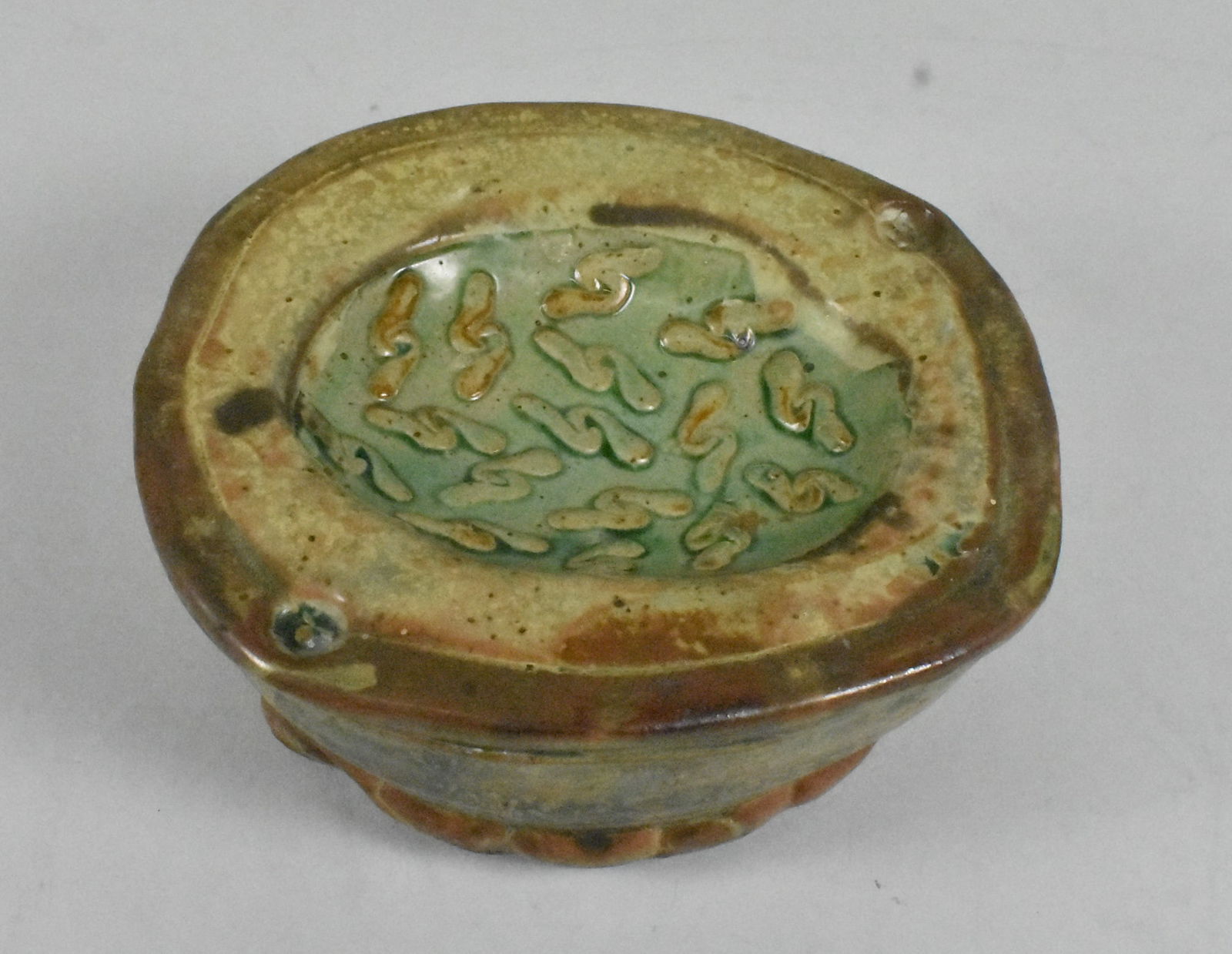 John Glick Pottery: John Glick Pottery, Michigan based Artist, Green soap dish, 6" x 5" x 2 1/2".