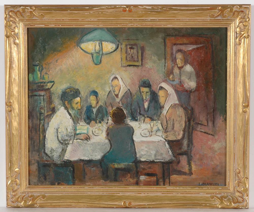 Israel Abramofsky (1888 Kiev - 1975 USA) "Shabbat", oil: Israel Abramofsky (1888 Kiev - 1975 USA) "Shabbat", oil painting, 1940s Jewish artist Israel Abramofsky was born in 1888 in Kiev, Ukraine, and died in 1975 in Toledo, Ohio/USA. As a boy he immigrated