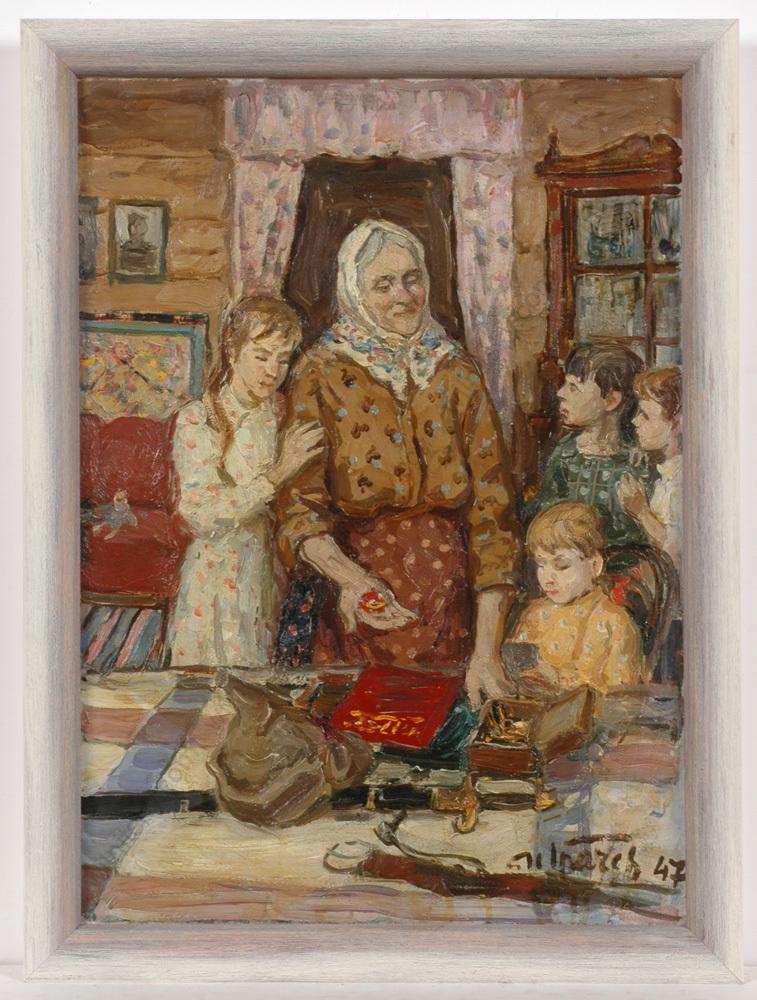 Michail Gratchev (b.1913) "Story about Grandpa", Oil: Michail Gratchev (b.1913) "Story about Grandpa", Oil Painting, 1947 Michail Grachev was born in 1913 in the Kazan region. He studied at the Kazan Art School and the St. Petersburg Academy under Bilibi