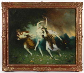 Ferdinand Leeke (1859-1923) "Nymphs fleeing a: Ferdinand Leeke (1859-1923) "Nymphs fleeing a thunderstorm", large oil painting, ca.1900 Ferdinand Leeke (1859 Burg by Magdeburg - 1923 Nurnberg) was a pupil of Ludwig von Herterich and Alexander