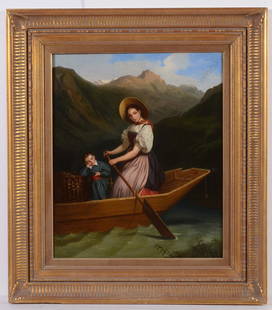 Julien Vallou de Villeneuve "La bateliere du Lac de: Julien Vallou de Villeneuve "La bateliere du Lac de Brienz", oil painting, 1835 Shown just after finishing at 1835 Salon de Paris (Catalogue nÂ° 2064 - see our image nr. 6) this oil painting, titled