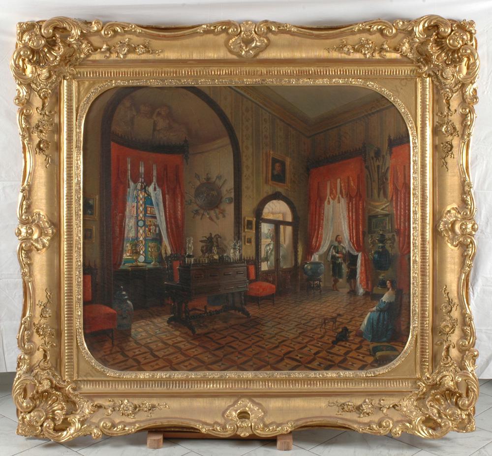 Wilhelm Gail-Attrib. "Interior of Castle Sigmaringen",: Wilhelm Gail-Attrib. "Interior of Castle Sigmaringen", Hohenzollern Collection, Monumental Oil, 1850s This magnificently framed large oil painting shows a 19th-century interior of a room of the Castle