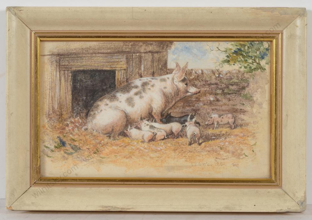 John Frederick Herring Senior (1795-1865) "Pig with piglets", watercolor, 1862 (1 of 11)