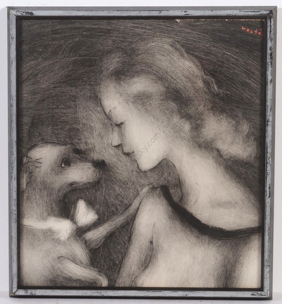 Marcel Vertes (1895-1961) "Girl with her dog", ink drawing, 1950s: Marcel Vertes (1895-1961) "Girl with her dog", ink drawing, 1950s Marcel Vertes (in Hungarian - Vertes) was born in 1895 in Budapest into a Jewish family and died in 1961 in New York. Initially a trai