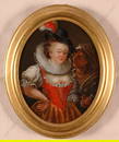 "Lady and the robber with stolen money pouch", rare German oil on metal miniature, ca.1700