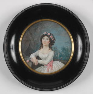 Jean-Baptiste Mallet (1759-1835)-? "Young lady in landscape", miniature, 1795: Jean-Baptiste Mallet (1759-1835)-? "Young lady in landscape", miniature, 1795 Miniature portrait of a young lady with a garland in her hair, seated on a terrace with a park landscape in the background