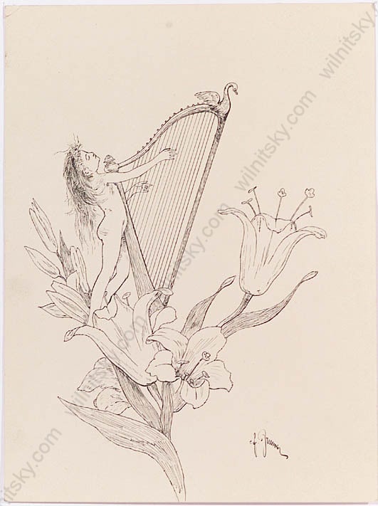 Frantisek Dvorak (Brunner) 1862-1927 "Elf Playing Harp", Ink Drawing, ca.1900: Frantisek Dvorak (Brunner) 1862-1927 "Elf Playing Harp", Ink Drawing, ca.1900 Frantisek Dvorak Brunner (1862 Prelouc, Czech Republic - 1927 Prague), known under the pseudonym Franz Dvorak, was a very 