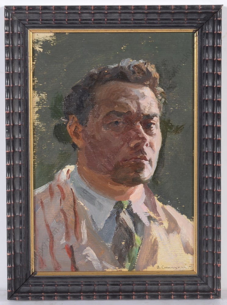 Vladimir Sinitski (1896-1986) "Male Portrait", Oil Painting, 1951: Vladimir Sinitski (1896-1986) "Male Portrait", Oil Painting, 1951 Vladimir Mikhailovich Sinitski (1896-1986) was born in Pokrovka, Odessa pr., Ukraine in 1896. He studied at the Odessa Art College 191