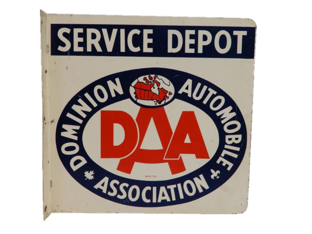 1979 DOMINION AUTOMOBILE ASSOCIATION METAL FLANGE: SERVICE DEPOT, PAINTED METAL, WMS. 79., 19.5" X 20", WEAR AT HANGER HOLES & EDGE WEAR, SOME PITTING & SURFACE STAINING, GOOD COLOR & GRAPHICS