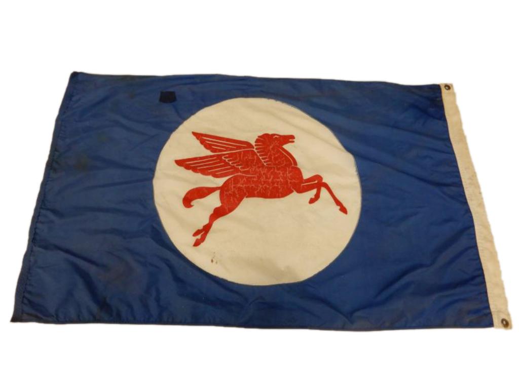 MOBILOIL PEGASUS S/S POLYESTER FLAG: 29" X 46", REPAIRED TEAR, STAINING, FADING ON PEGASUS, GOOD GRAPHICS