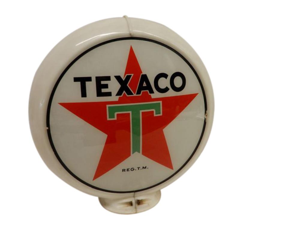 CANADIAN TEXACO GASOLINE GAS PUMP GLOBE: WHITE T, 2 GOOD LENSES, 2 GOOD PLASTIC BANDS, 13.5" VERY GOOD CONDITION