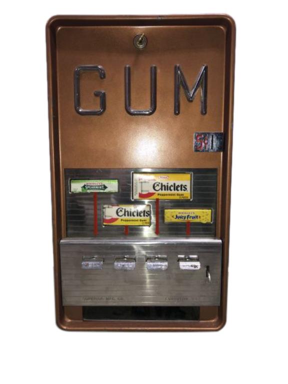 SUPERIOR MFG. CO. 5 CENT GUM MACHINE: WRIGLEYS AND CHICKLETS KEY INCLUDED 11"X20"