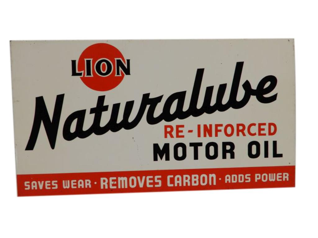 LION NATURALUBE MOTOR OIL PAINTED METAL FLANGE: ONE SIDE IS GOOD, BACK SIDE HAS PAINT LOSS DAMAGE, 22" X 12", GOOD COLOR & GRAPHICS ONE SIDE