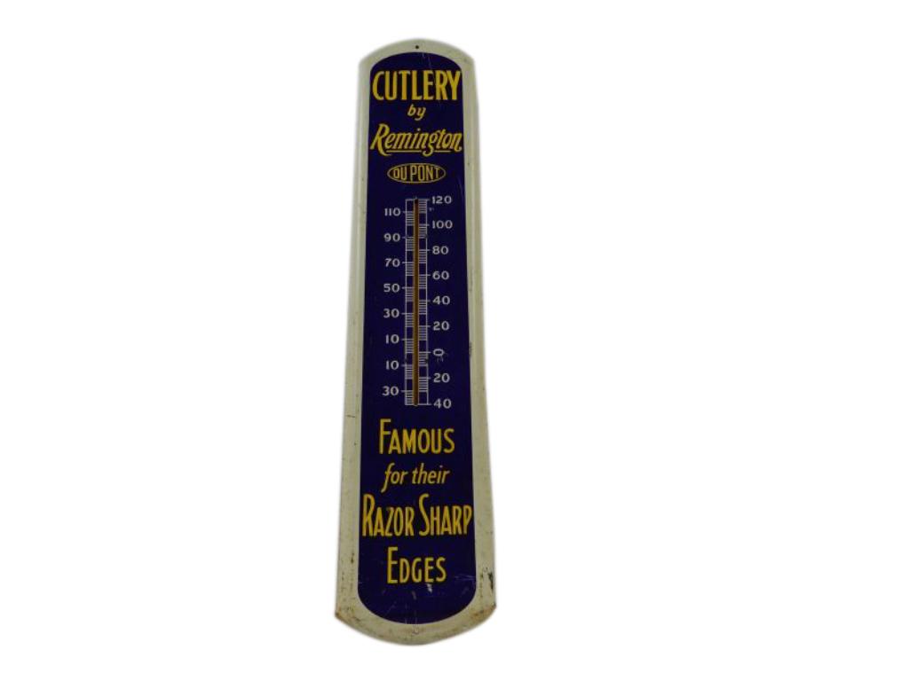 CUTLERY BY REMINGTON METAL THERMOMETER: DUPONT FOR RAZOR SHARP EDGES, NO NEEDLE, SOME STAINING & PAINT LOSS, 38.5" X 8"