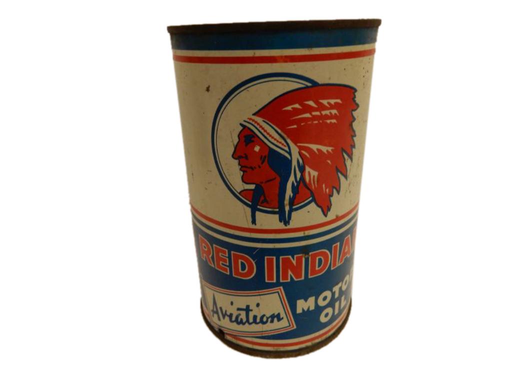 RED INDIAN AVIATION MOTOR OIL IMPERIAL QT.CAN: RED INDIAN AVIATION MOTOR OIL IMPERIAL QT.CAN McCOLL-FRONTENAC OIL CO. LIMITED, EMBOSSED S.A.E. 20 W & 20 LID, NO CAN BOTTOM, SURFACE SCRATCHES, RUST & STAINING, SMALL DRILLED HOLE IN CAN AT BOTTOM, S