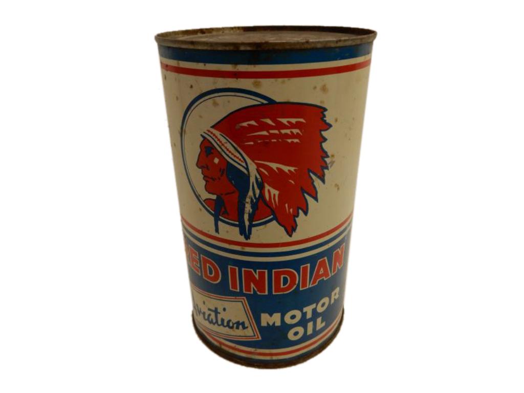 RED INDIAN AVIATION MOTOR OIL IMPERIAL QT.CAN: RED INDIAN AVIATION MOTOR OIL IMPERIAL QT.CAN McCOLL-FRONTENAC OIL CO. LIMITED, EMBOSSED S.A.E. 20 W & 20 LID, NO CAN BOTTOM, SURFACE SCRATCHES, RUST & STAINING, SMALL DRILLED HOLE IN CAN AT BOTTOM, S