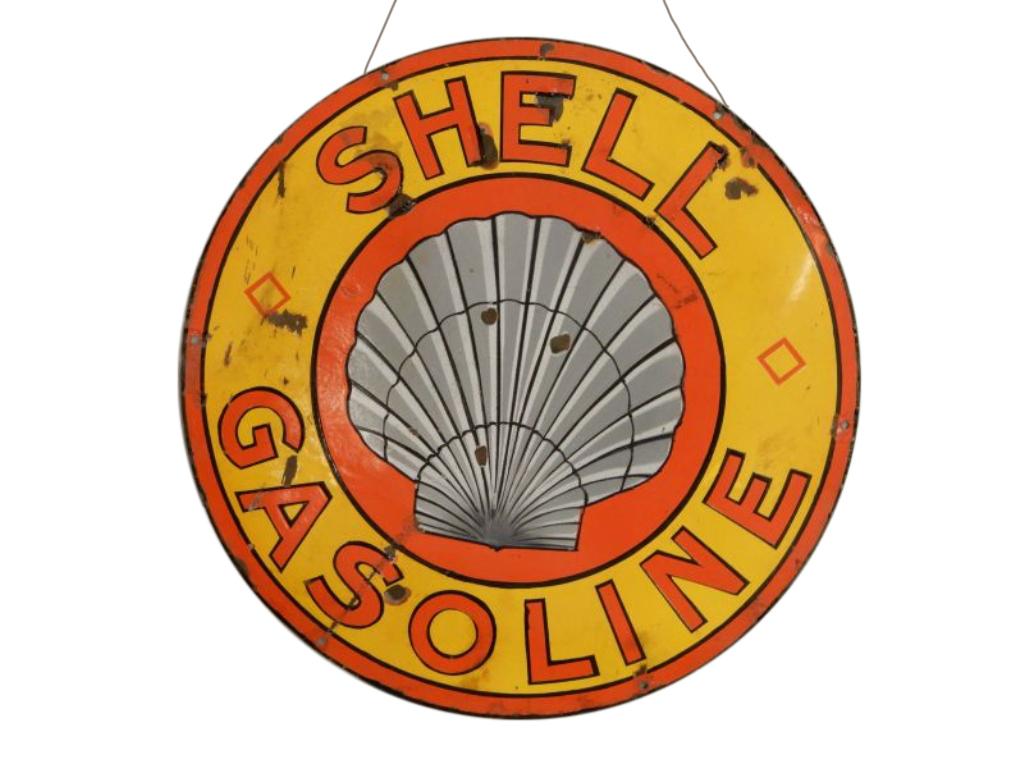SHELL GASOLINE SSP SIGN PORC. LOSS, SPLIT IN BOTTOM, (1 of 2)