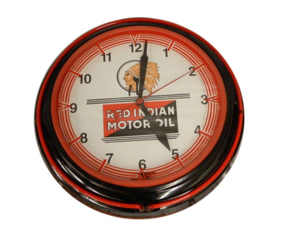 RARE RED INDIAN MOTOR OIL TWO  COLOR NEON CLOCK SERIEL (1 of 4)