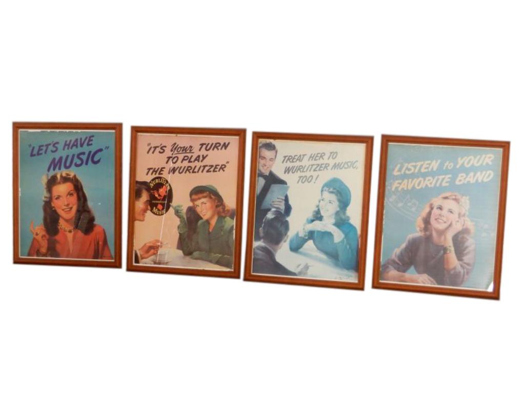 GROUPING 1982 FRAMED LU KIMMEL JUKEBOX PRINTS ALL: GROUPING 1982 FRAMED LU KIMMEL JUKEBOX PRINTS ALL 23.5" X 19", 1982 LISTEN TO YOUR FAVORITE BAND, JUKEBOX JUNCTION, USA- 1982 TREAT HER TO WURLITZER MUSIC, TOO! JUKEBOX JUNCTION, IT'S YOUR TURN TO PLA