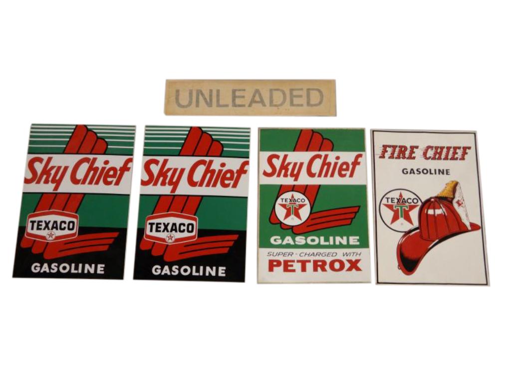 GROUPING OF 5 TEXACO FIRE & SKY CHIEF DECALS FIRE CHIEF: GROUPING OF 5 TEXACO FIRE & SKY CHIEF DECALS FIRE CHIEF GASOLINE- 12" X 8", SKY CHIEF PETROX, 12" X 8"- BOTH SCOTCHCAL- 2 SKY CHIEF GASOLINE, ONE ACME, 12" X 8", - UNLEADED SCOTCHCAL MARKING FILM, 13"