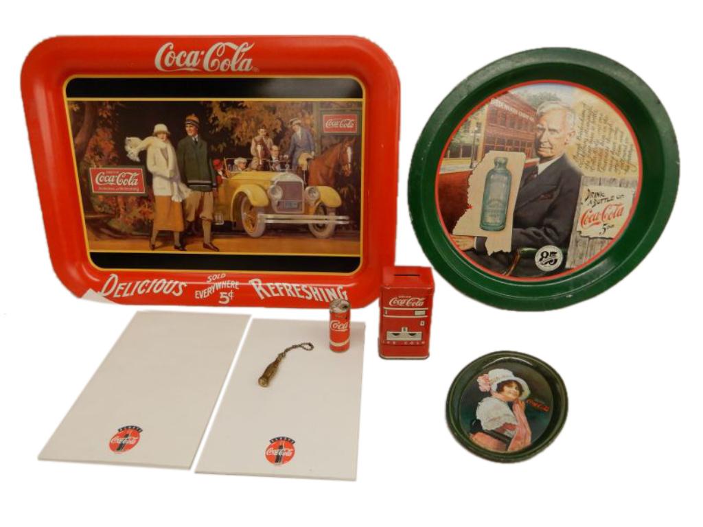 GROUPING OF REPRO COCA-COLA COLLECTIBLES TRAY DELICIOUS: GROUPING OF REPRO COCA-COLA COLLECTIBLES TRAY DELICIOUS 5 CENTS, REPRODUCTION OF 1924, 17.5" X 12.75", ROUND SERVING TRAY, REPRO, 12.25", SMALL TIP TRAY REPRO, 6" X 4 3/8"- DRINK COCA-COLA BANK, LIGHT