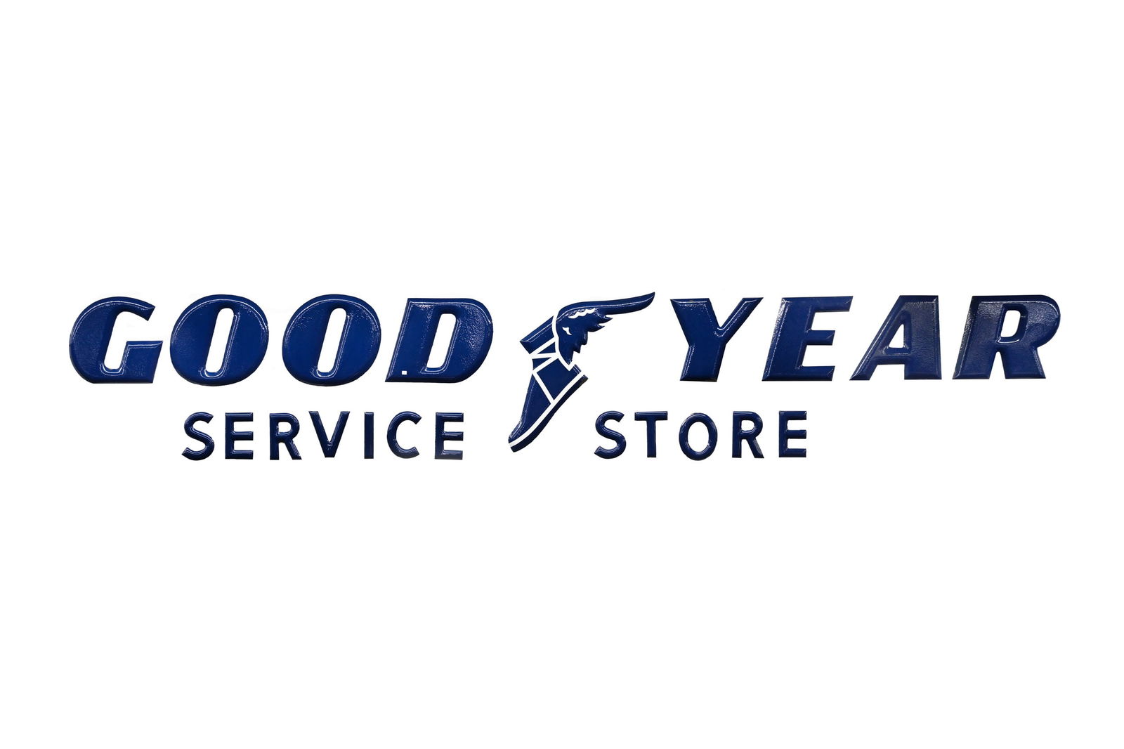 GOODYEAR SERVICE STORE PORCELAIN SIGN W/ WINGFOOT: SPECTACULAR GOODYEAR SERVICE STORE CONVEX PORCELAIN SCRIPT SIGN WITH WINGFOOT MARKED PROPERTY OF GOODYEAR TIRE AND RUBBER ON BACK SIDE OF LETTERS EXCELLENT COLOUR AND GLOSS FIELD IN EACH LETTER IS