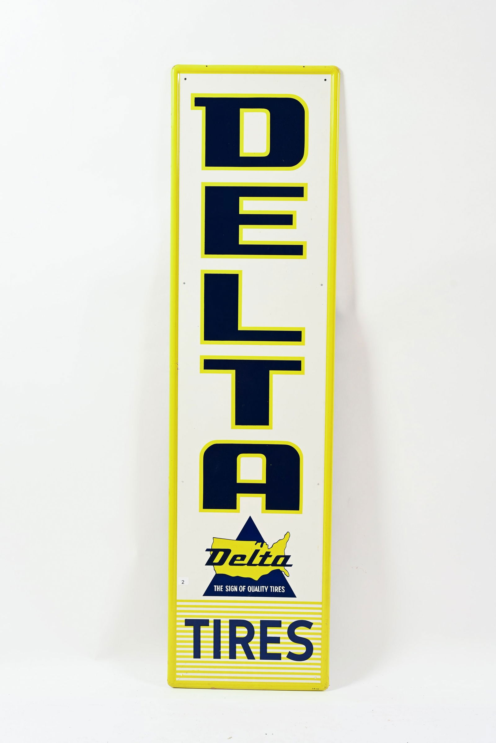 1969 DELTA TIRES TIN VERTICAL SIGN: 1969 DELTA TIRES TIN VERTICAL SIGN MARKED AM-4-69 NEW OLD STOCK CONDITION SELF FRAMED EDGE FIELD IN NEAR MINT CONDITION SHOWS SOME MINOR EDGE WEAR 15.5"X60" *ALL ITEMS GUARANTEED AUTHENTIC BY