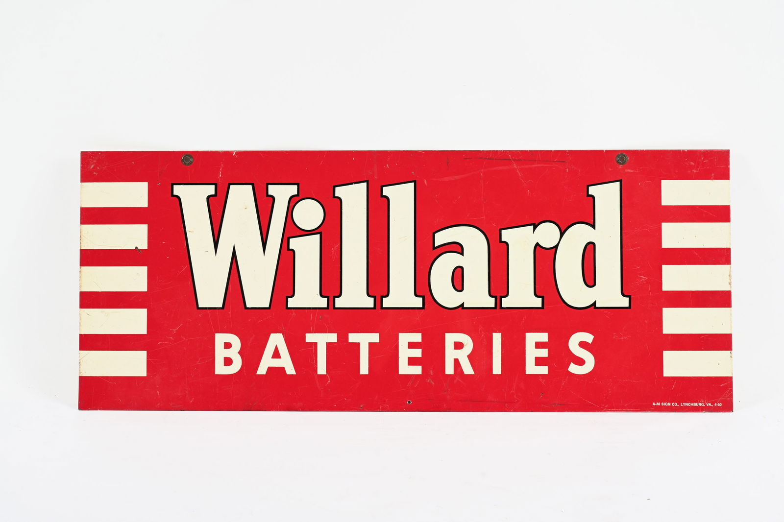 1950 WILLARD BATTERIES D/S PAINTED METAL RACK SIGN: 1950 WILLARD BATTERIES DOUBLE SIDED PAINTED METAL RACK SIGN MARKED A-M SIGN CO. LYNCHBURG, VA, 4-50 STRONG COLOURS AND GLOSS FIELD IN GOOD CONDITION AND DISPLAYS WELL BOTH SIDES SHOW LIGHT SURFACE SCR