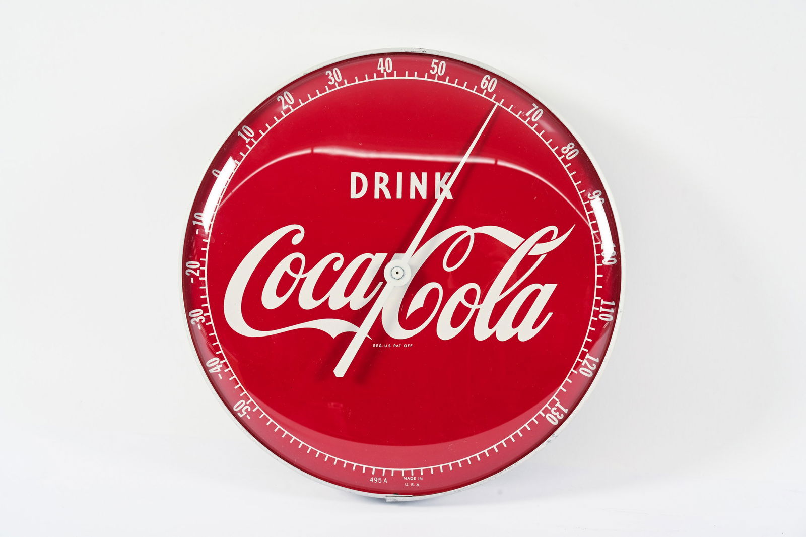 1950'S DRINK COCA-COLA THERMOMETER: 1950'S DRINK COCA-COLA THERMOMETER MARKED MADE IN U.S.A. 495A NEAR MINT CONDITION GLASS DOME FACE WITH ALUMINUM CAN WORKING CONDITION 12" *ALL ITEMS GUARANTEED AUTHENTIC BY SHACKELTON AUCTIONS