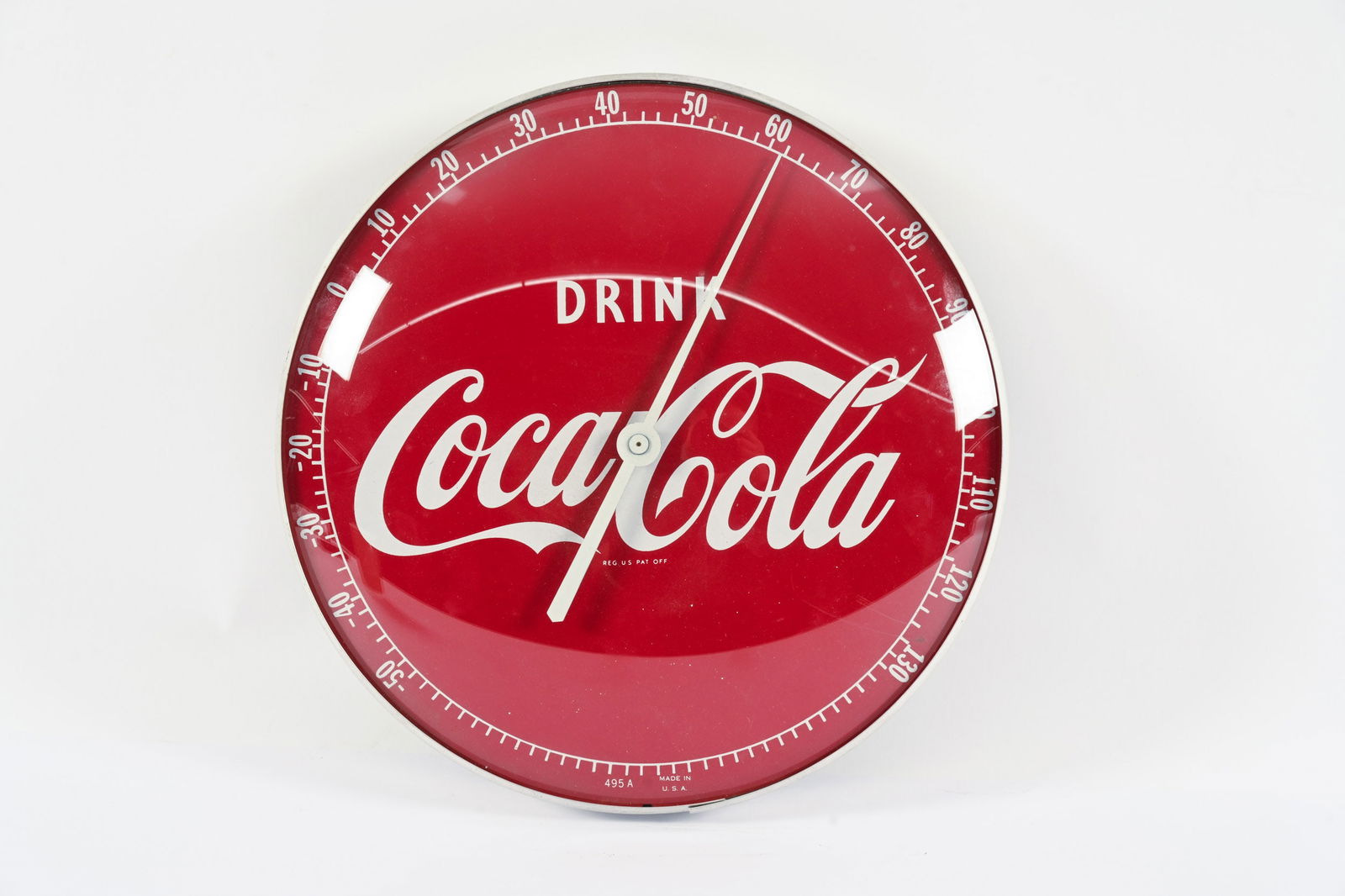 1950'S DRINK COCA-COLA THERMOMETER: 1950'S DRINK COCA-COLA THERMOMETER MARKED MADE IN U.S.A. 495A NEAR MINT CONDITION GLASS DOME FACE WITH ALUMINUM CAN WORKING CONDITION 12" *ALL ITEMS GUARANTEED AUTHENTIC BY SHACKELTON AUCTIONS