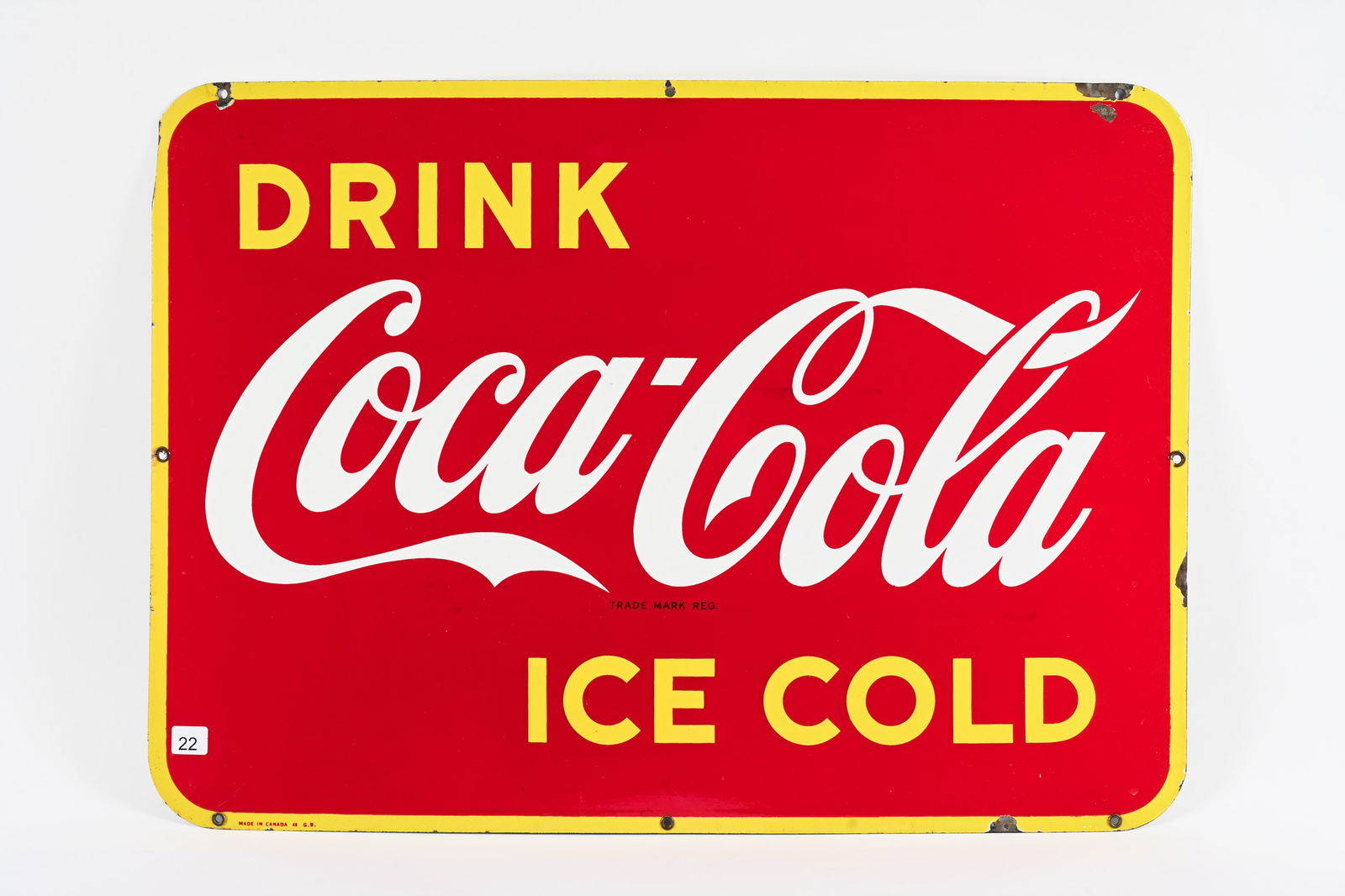 1948 COCA-COLA ICE COLD PORCELAIN KICK PLATE SIGN: 1948 DRINK COCA-COLA ICE COLD PORCELAIN KICK PLATE SIGN MARKED MADE IN CANADA 48 G.B. EXCELLENT COLOURS AND GLOSS FIELD IN NEAR MINT CONDITION PORCELAIN LOSS AT MOUNTING HOLES AND EDGES SLIVER OF