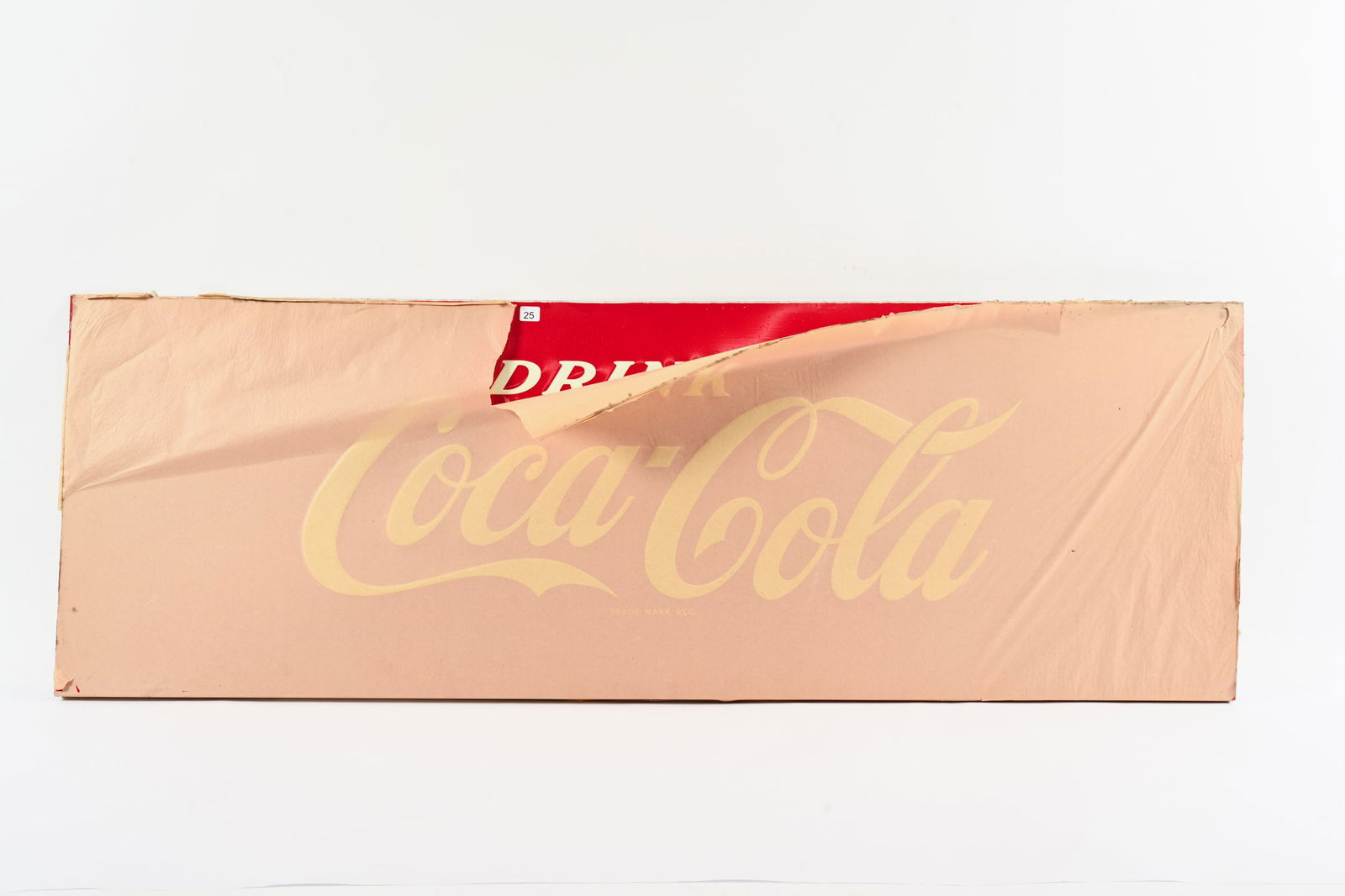 NOS 1950'S DRINK COCA-COLA EMBOSSED TIN SIGN: NOS 1950'S DRINK COCA-COLA EMBOSSED TIN SIGN NOT MARKED NEW OLD STOCK CONDITION WITH RICE PAPER SIGN HAS A BOTTOM FLANGE LIP 59"X20" *ALL ITEMS GUARANTEED AUTHENTIC BY SHACKELTON AUCTIONS UNLESS OTHER